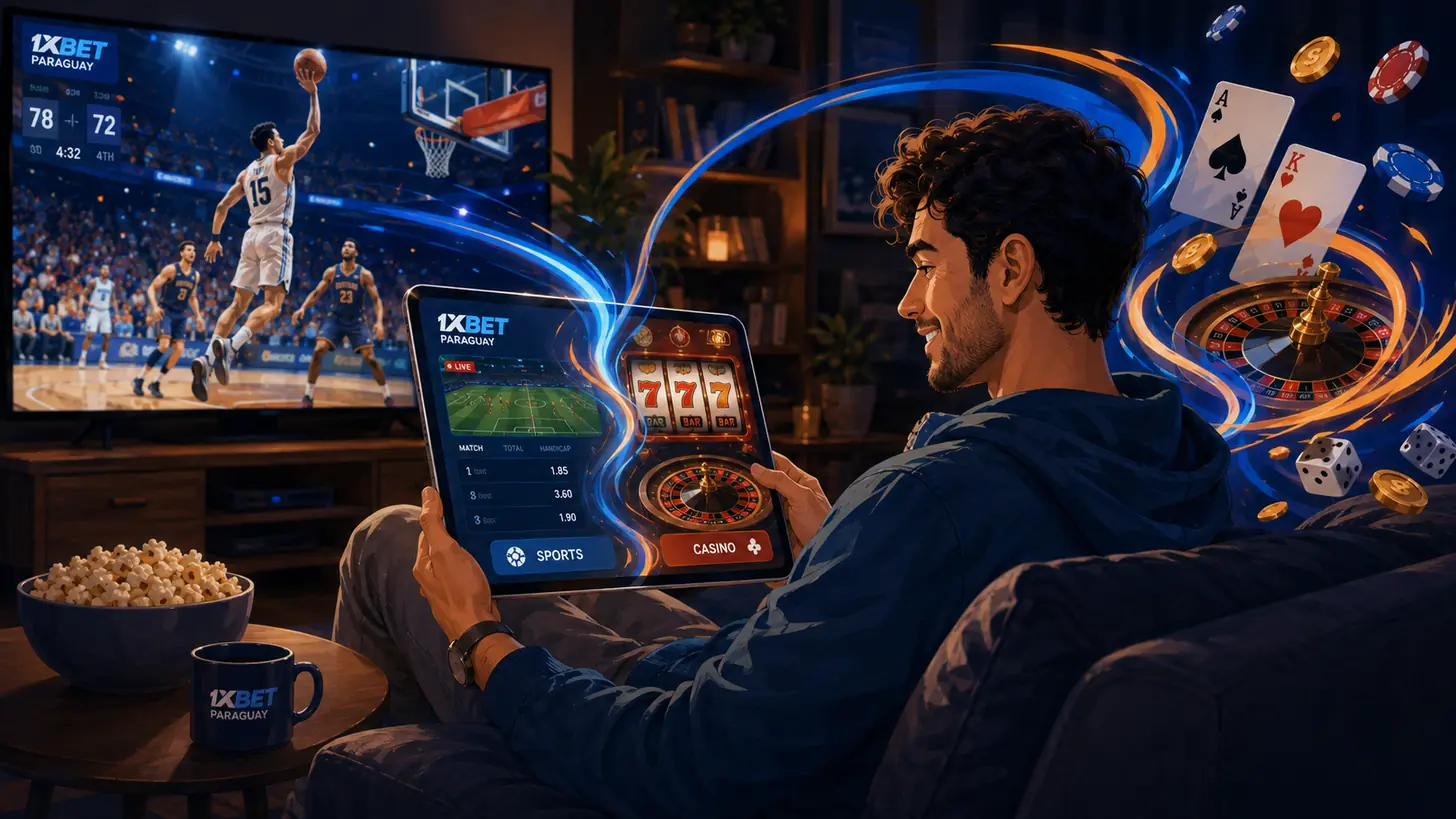 Partido de baloncesto en la pantalla y una tableta con juegos de casino de 1xBet
